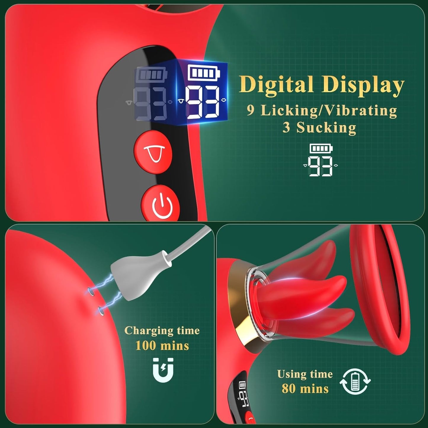 App-controlled clitoral vibrator with licking and suction functions; features 3 strong suction modes and 9 vibration modes.