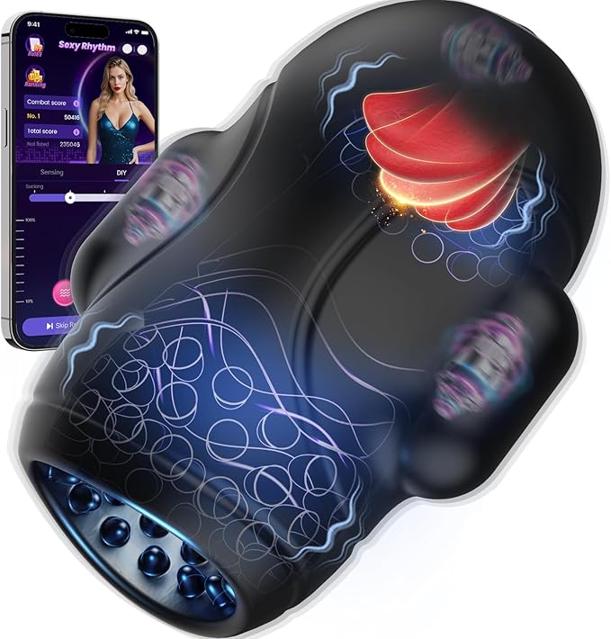 Penis Trainer with 10 Licking Vibrating Modes & 3 Motors Stroker & Smart AI Sync App for 360° Pocket Pussy Wrap, Adult Sex Toy for Men S&M Floggers