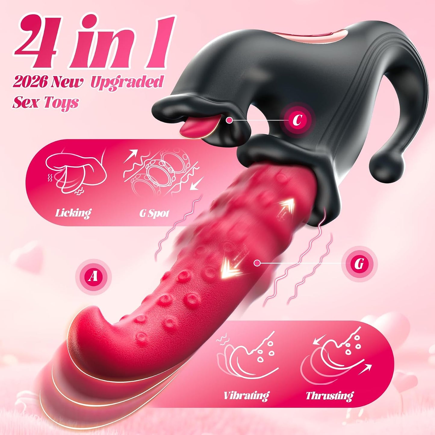 4-in-1 G-Spot Vibrator with 10 Sliding Ring, Vibrating, Thrusting & Licking Modes