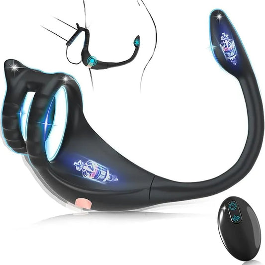 Vibrating penis ring stain stimulator with mini bullet, remote control, anal plug, prostate massager